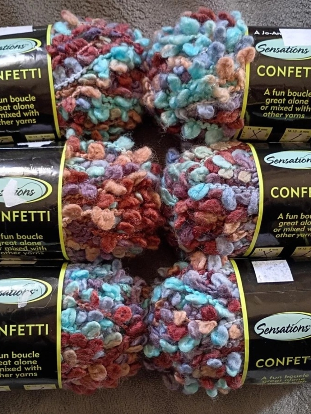 Six (6) Vtg Skeins Sensations Confetti 33 Yards Each Color 601 Blue Brown
